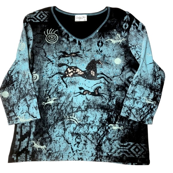 Vtg 90’s Y2K Cactus Bay XXL Bling Horse Western Native American Cave Pictograph - Picture 1 of 10